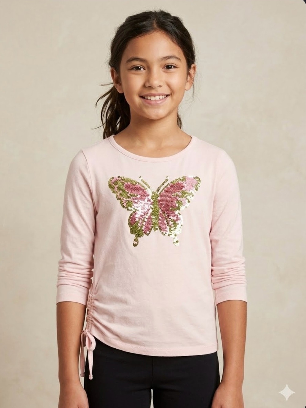 btween Kids Light Pink Sequin Butterfly Long Sleeve Top